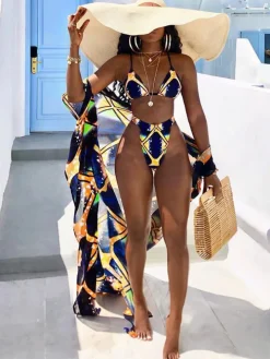 3 Piece Floral Leaf Bikini Top Swim Bottom Cover Up