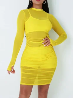 3 Piece Long Sleeve Ruched Sheer Mesh Bodycon Dress