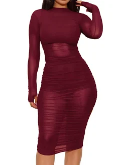 3 Piece Long Sleeve Ruched Sheer Mesh Bodycon Dress