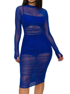 3 Piece Long Sleeve Ruched Sheer Mesh Bodycon Dress