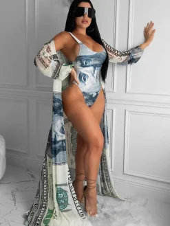 2 Piece Money Print Jumpsuit Bikini Cover Up