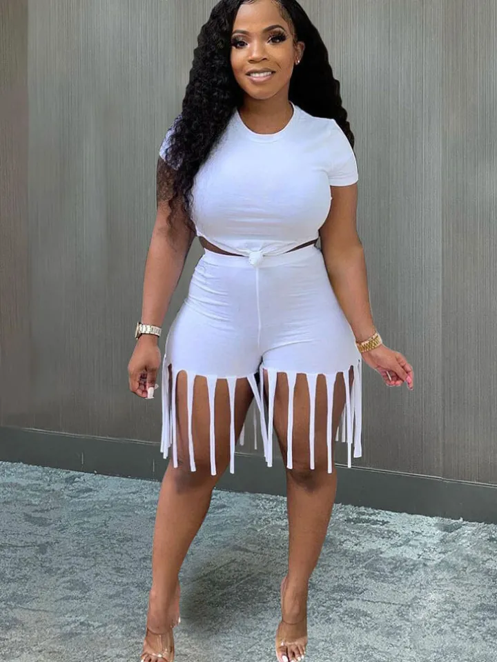 2 Piece Plus Size Knot Front Short Sleeve Top Tassels Shorts