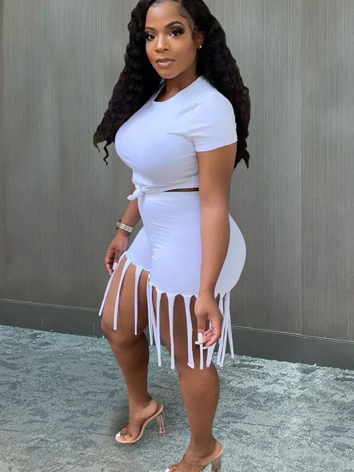 2 Piece Plus Size Knot Front Short Sleeve Top Tassels Shorts