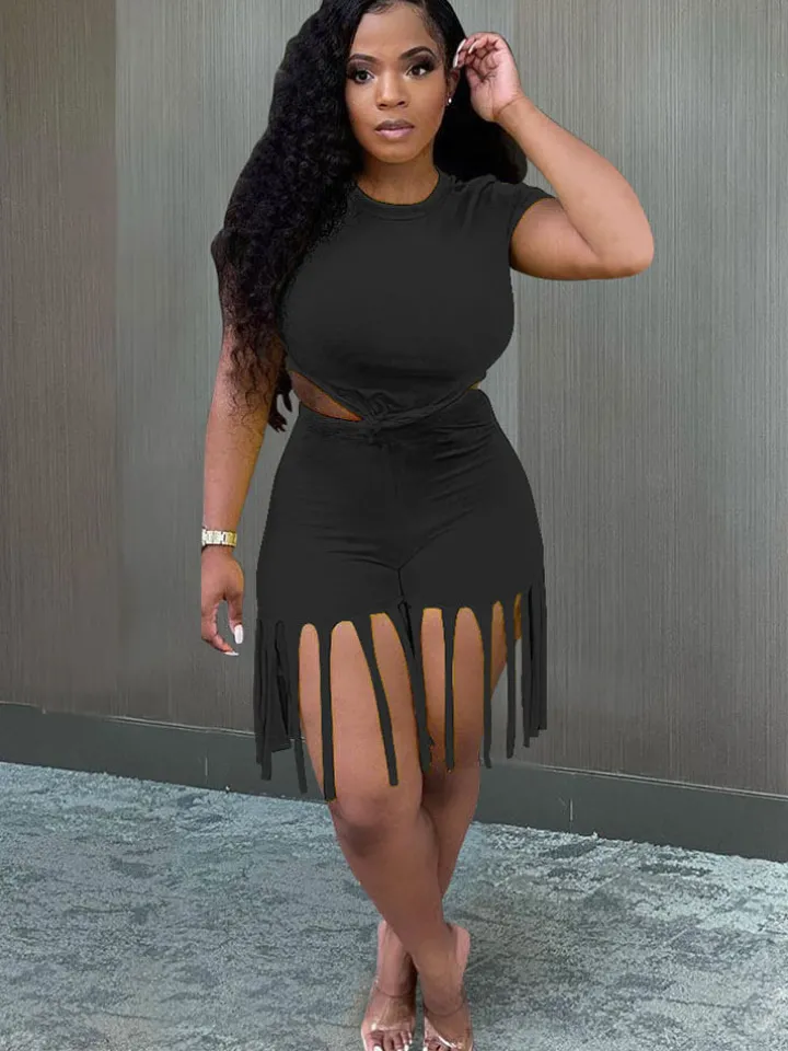 2 Piece Plus Size Knot Front Short Sleeve Top Tassels Shorts