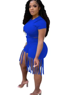 2 Piece Plus Size Knot Front Short Sleeve Top Tassels Shorts