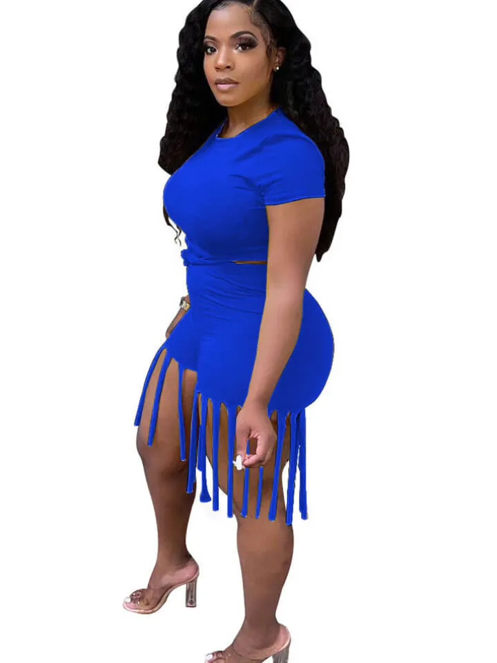 2 Piece Plus Size Knot Front Short Sleeve Top Tassels Shorts