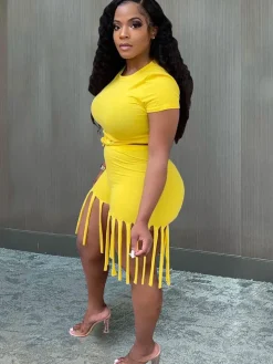 2 Piece Plus Size Knot Front Short Sleeve Top Tassels Shorts