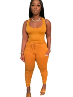 2 Piece Sleeveless Solid Color Tank Top Pants Set