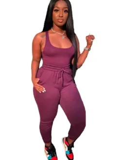 2 Piece Sleeveless Solid Color Tank Top Pants Set