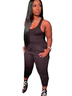 2 Piece Sleeveless Solid Color Tank Top Pants Set