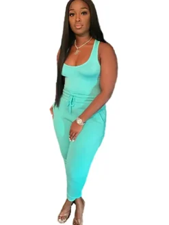 2 Piece Sleeveless Solid Color Tank Top Pants Set