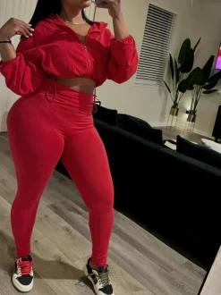 2 Piece Zip Up Crop Jacket Pants Sets