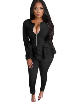 2 Piece Zipper Ruffle Hem Jacket Bodycon Pants Set Tracksuits
