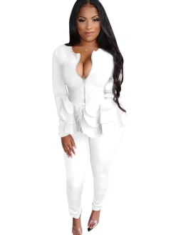 2 Piece Zipper Ruffle Hem Jacket Bodycon Pants Set Tracksuits