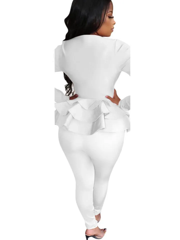 2 Piece Zipper Ruffle Hem Jacket Bodycon Pants Set Tracksuits