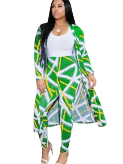 2 Pieces Stripe Print Cardigan Cover-Up+Pants