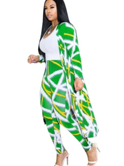 2 Pieces Stripe Print Cardigan Cover-Up+Pants