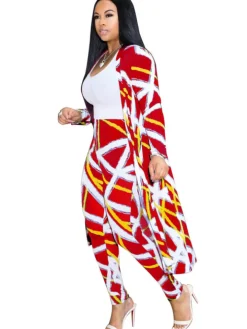 2 Pieces Stripe Print Cardigan Cover-Up+Pants