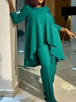 Asymmetric Hem Top Wide Leg Pants Set