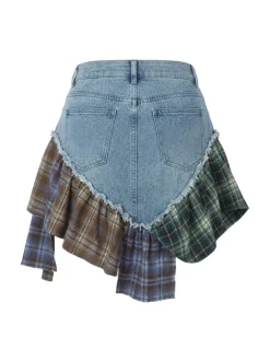 Asymmetric Plaid Patchwork Denim Mini Skirt