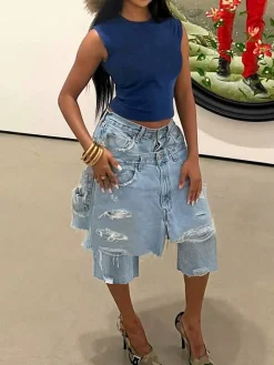 Asymmetrical Distressed Denim Capri Pants