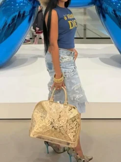 Asymmetrical Distressed Denim Capri Pants