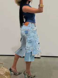 Asymmetrical Distressed Denim Capri Pants