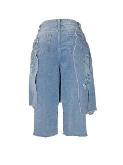 Asymmetrical Distressed Denim Capri Pants