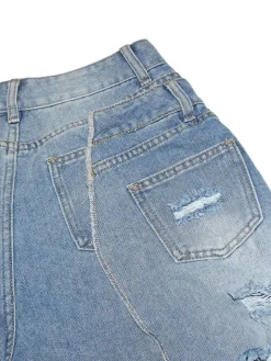 Asymmetrical Distressed Denim Capri Pants