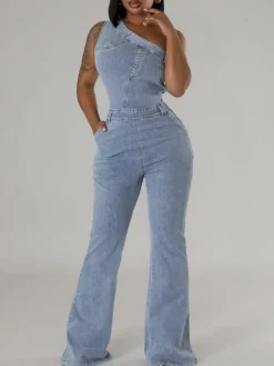 Asymmetrical Shoulder Denim Jumpsuit