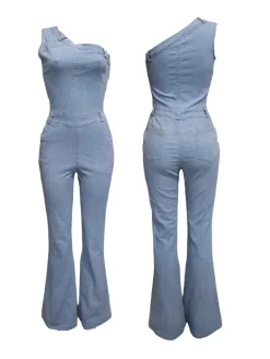 Asymmetrical Shoulder Denim Jumpsuit