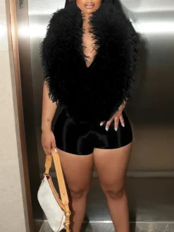 Backless Halter Faux Fur Trim Romper