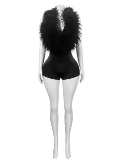 Backless Halter Faux Fur Trim Romper