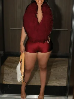 Backless Halter Faux Fur Trim Romper