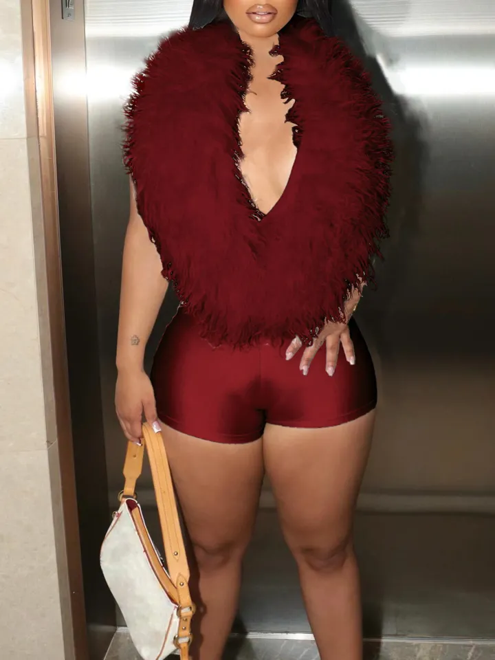 Backless Halter Faux Fur Trim Romper