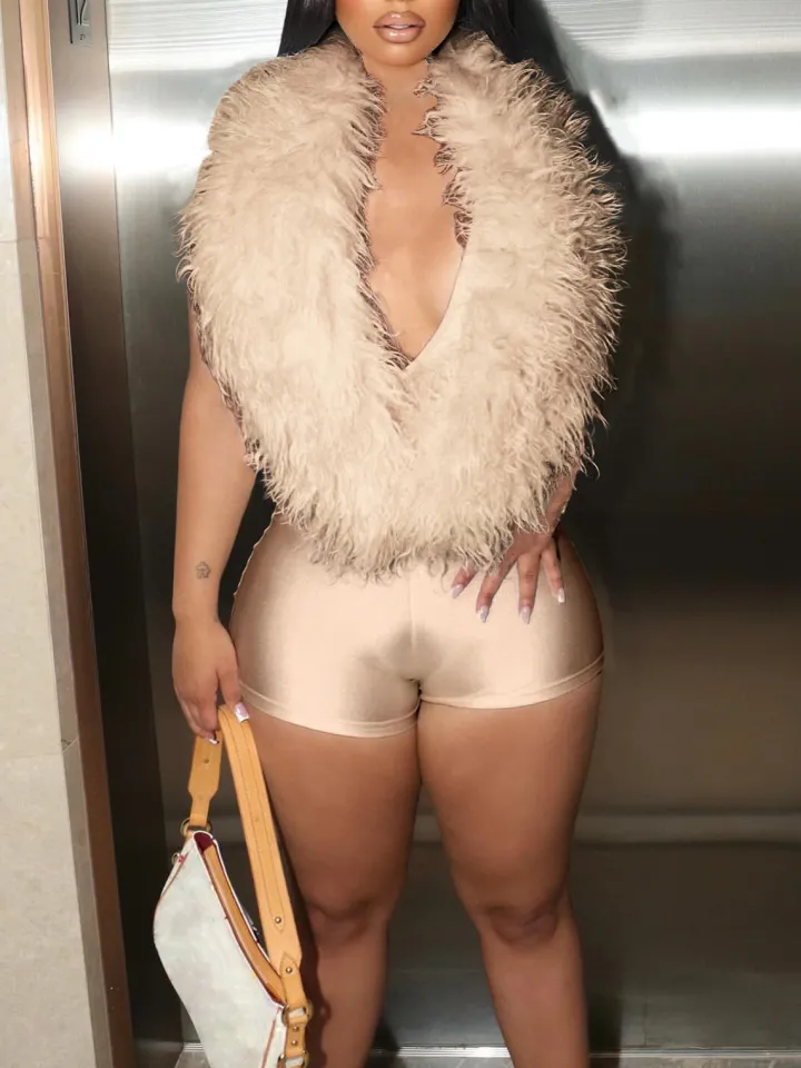 Backless Halter Faux Fur Trim Romper