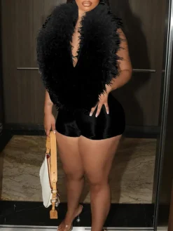 Backless Halter Faux Fur Trim Romper