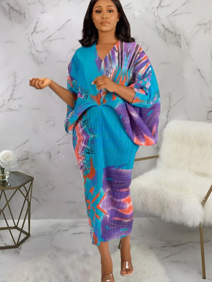 Bat Sleeve Floral Print Midi Dress