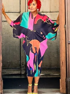 Bat Sleeve Floral Print Midi Dress