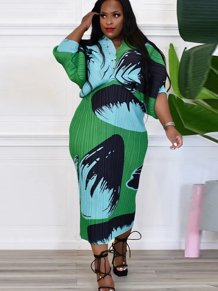 Bat Sleeve Floral Print Midi Dress