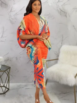 Bat Sleeve Floral Print Midi Dress