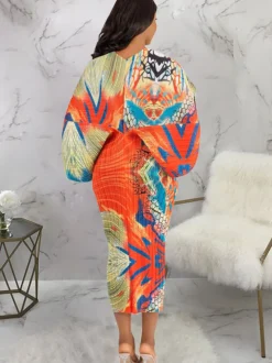 Bat Sleeve Floral Print Midi Dress