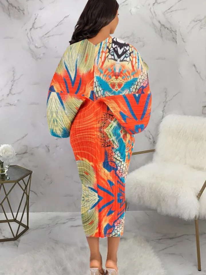 Bat Sleeve Floral Print Midi Dress