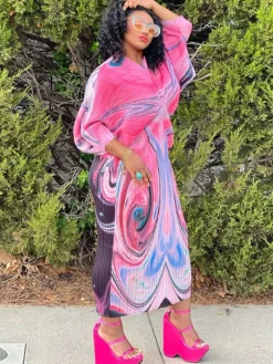 Bat Sleeve Floral Print Midi Dress