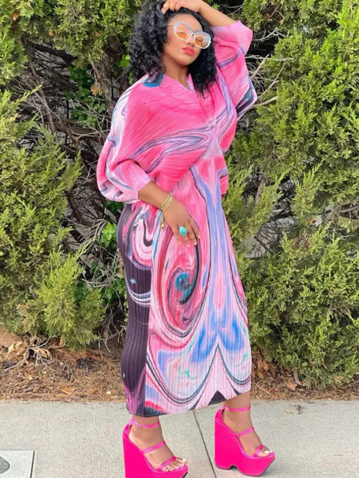 Bat Sleeve Floral Print Midi Dress