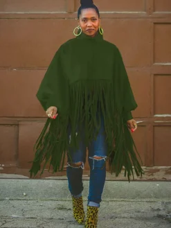 Batwing Sleeve Zipper Tassel Ponchos Top