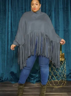 Batwing Sleeve Zipper Tassel Ponchos Top