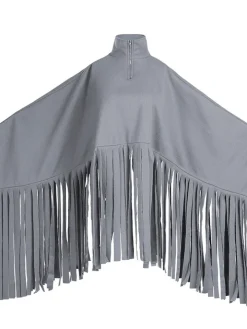 Batwing Sleeve Zipper Tassel Ponchos Top