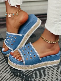 Beaded Denim Platform Slide