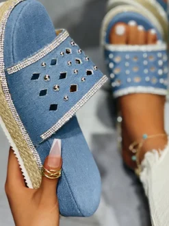 Beaded Denim Platform Slide